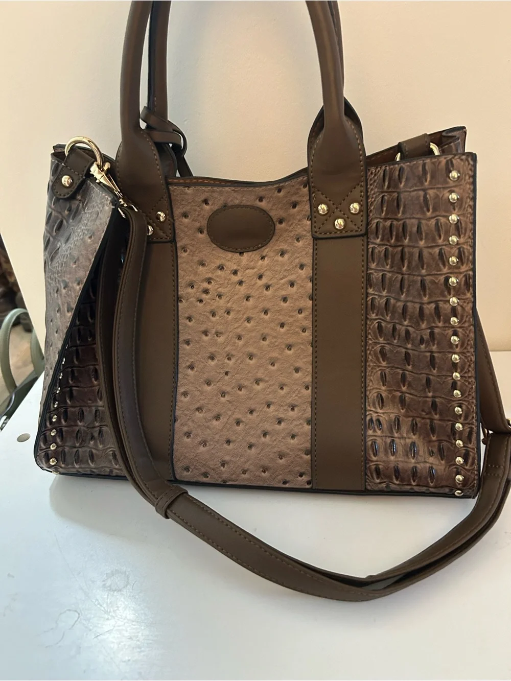 Vintage faux ostrich Brown Satchel and Matching Wristlet with Gold Hardware